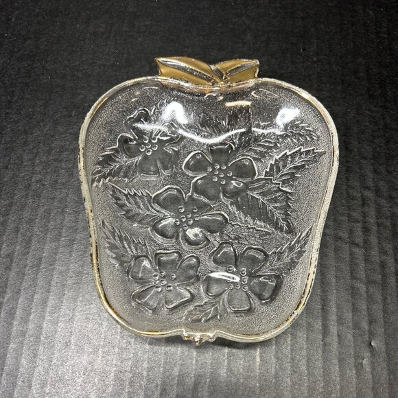 Vintage Depression Glass Candy Nut Trinket Dish Apple Shaped Embossed Flower - Picture 1 of 7